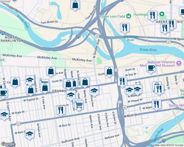map of restaurants, bars, coffee shops, grocery stores, and more near 838 Scott Street in Columbus