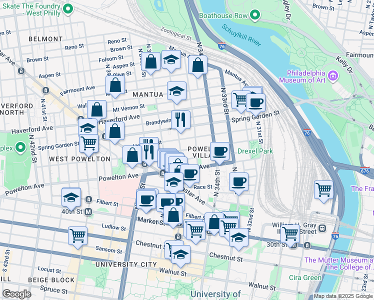 map of restaurants, bars, coffee shops, grocery stores, and more near 3508 Baring St in Philadelphia
