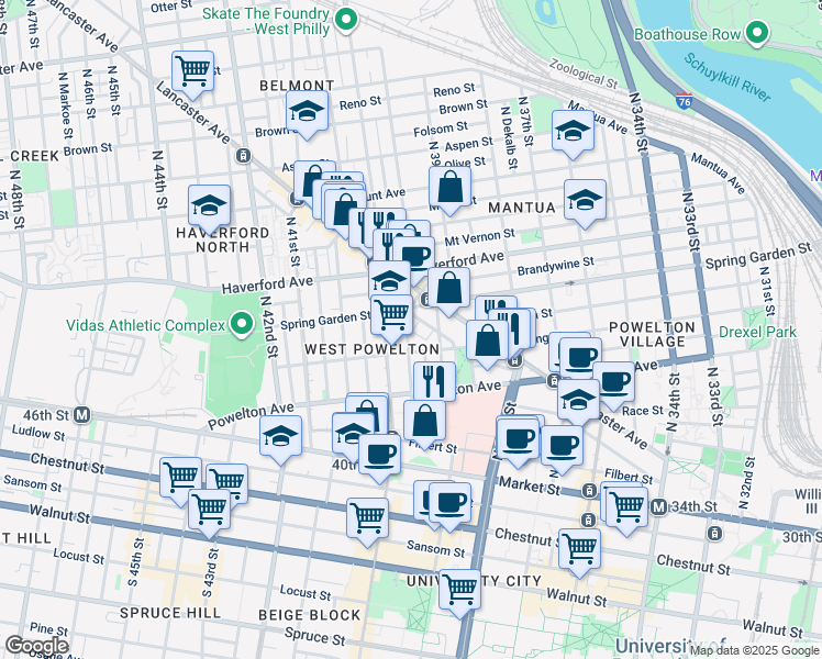 map of restaurants, bars, coffee shops, grocery stores, and more near 421 Sloan Street in Philadelphia