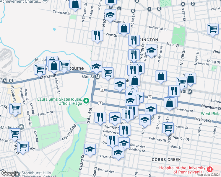 map of restaurants, bars, coffee shops, grocery stores, and more near 6153 Chestnut Street in Philadelphia