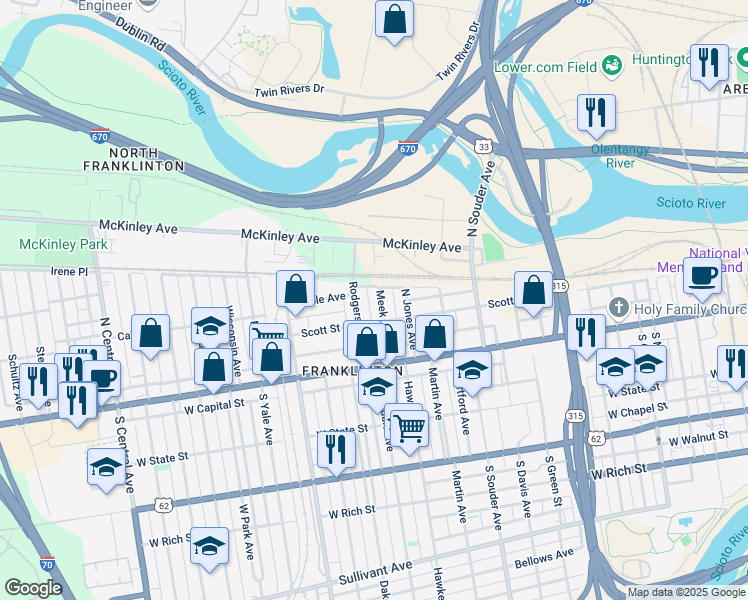 map of restaurants, bars, coffee shops, grocery stores, and more near 118 Meek Avenue in Columbus