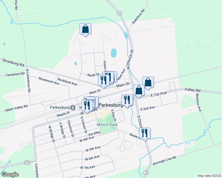map of restaurants, bars, coffee shops, grocery stores, and more near 216 Main Street in Parkesburg
