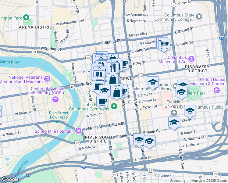 map of restaurants, bars, coffee shops, grocery stores, and more near in Columbus