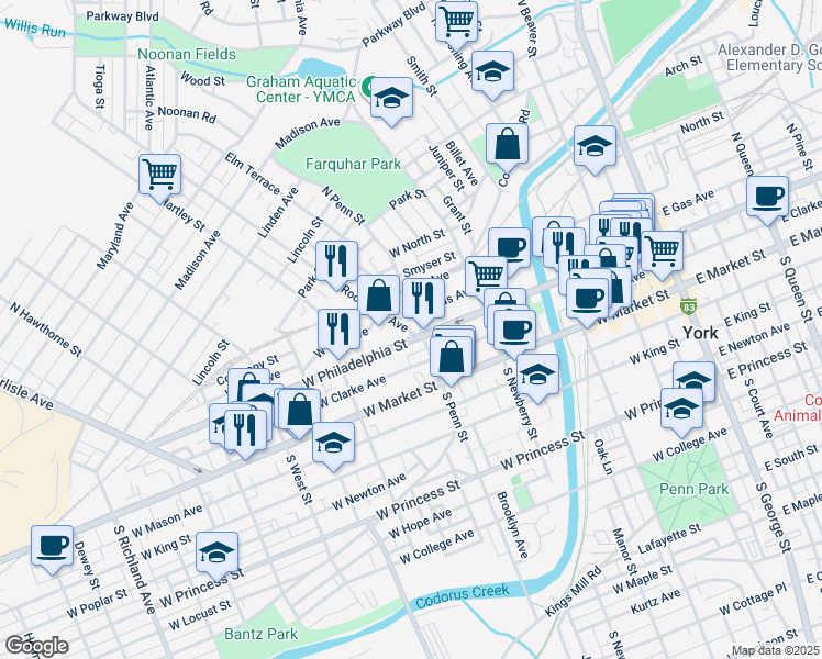 map of restaurants, bars, coffee shops, grocery stores, and more near 122 North Penn Street in York