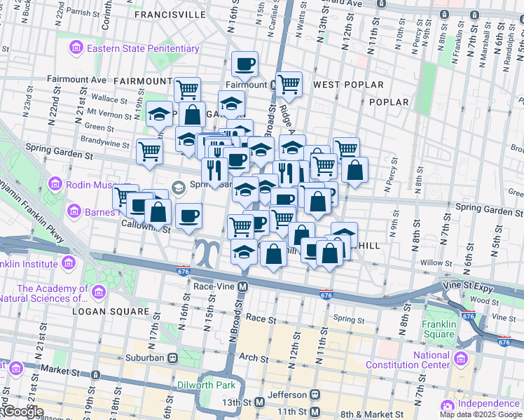 map of restaurants, bars, coffee shops, grocery stores, and more near 440 North Broad Street in Philadelphia