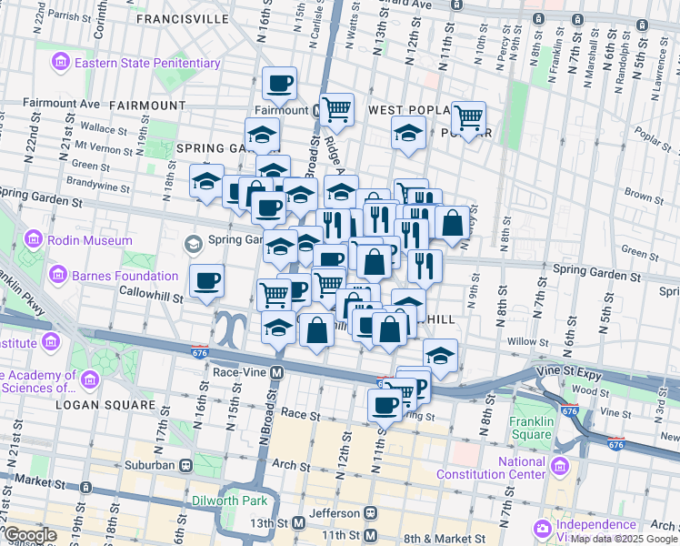 map of restaurants, bars, coffee shops, grocery stores, and more near 1300 Buttonwood St in Philadelphia