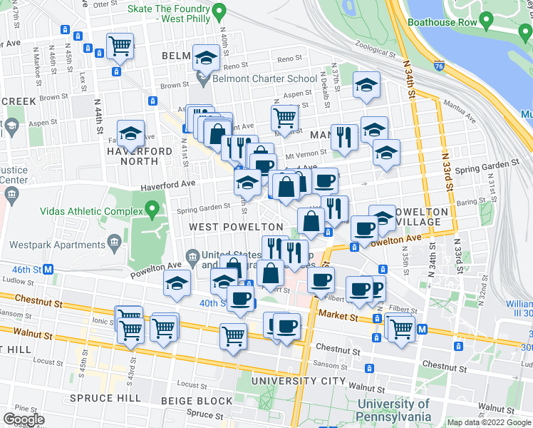 map of restaurants, bars, coffee shops, grocery stores, and more near 429 North Union Street in Philadelphia