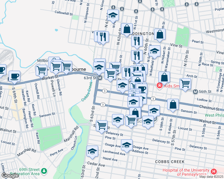 map of restaurants, bars, coffee shops, grocery stores, and more near 6159 Chestnut Street in Philadelphia