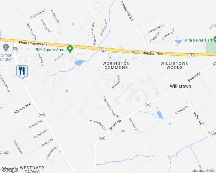 map of restaurants, bars, coffee shops, grocery stores, and more near 1704 Stoneham Drive in West Chester