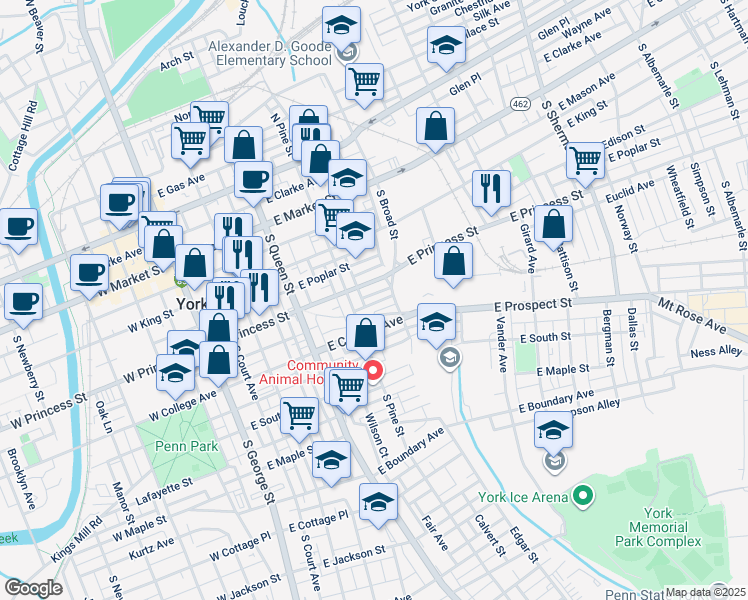map of restaurants, bars, coffee shops, grocery stores, and more near 329 East Locust Street in York