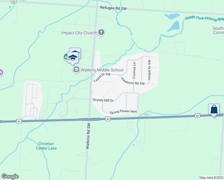 map of restaurants, bars, coffee shops, grocery stores, and more near 117 Spring Brook Court in Pataskala