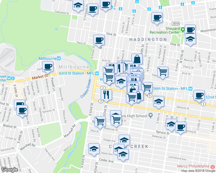 map of restaurants, bars, coffee shops, grocery stores, and more near 6201 Chestnut Street in Philadelphia