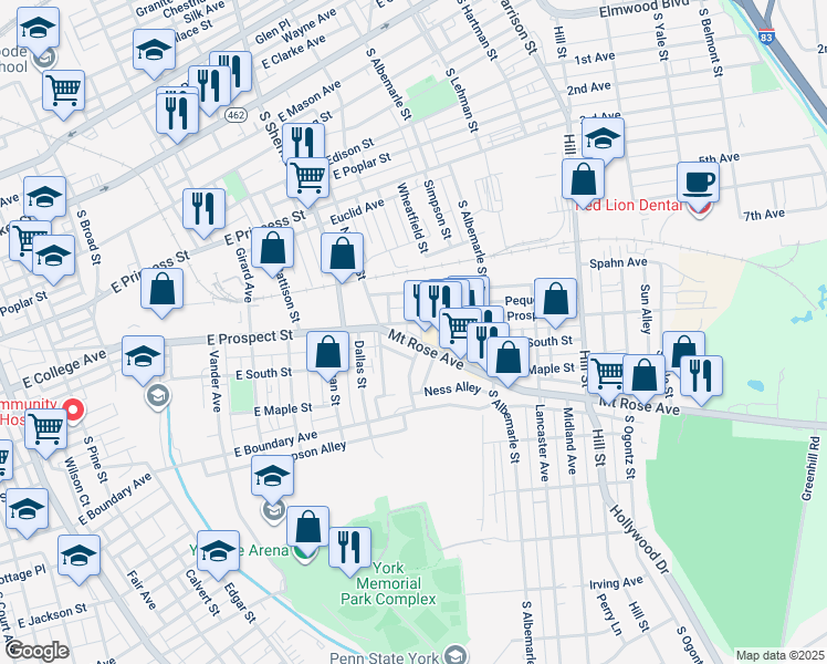 map of restaurants, bars, coffee shops, grocery stores, and more near 961 East Prospect Street in York