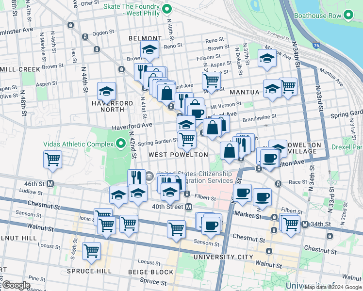 map of restaurants, bars, coffee shops, grocery stores, and more near 422 North 40th Street in Philadelphia