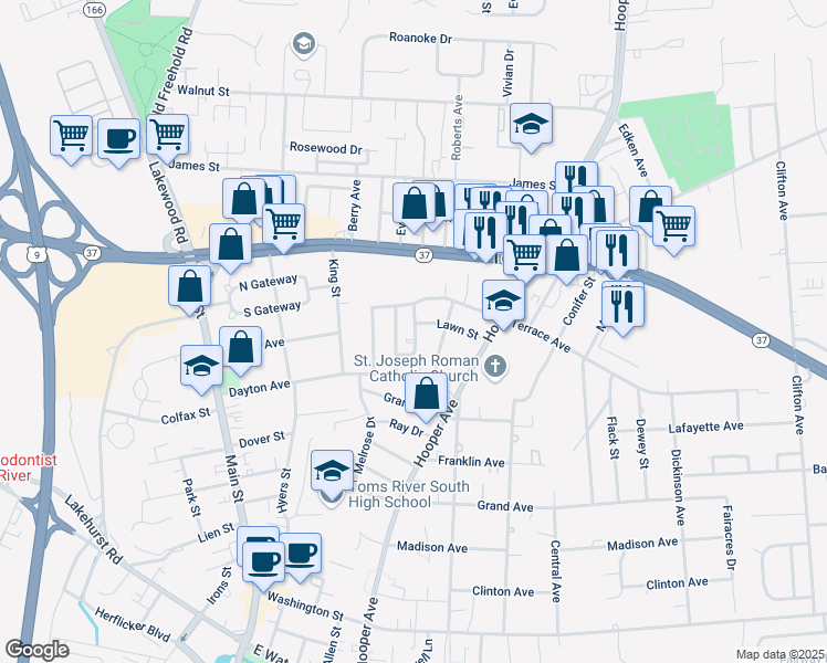 map of restaurants, bars, coffee shops, grocery stores, and more near 40 Field Street in Toms River