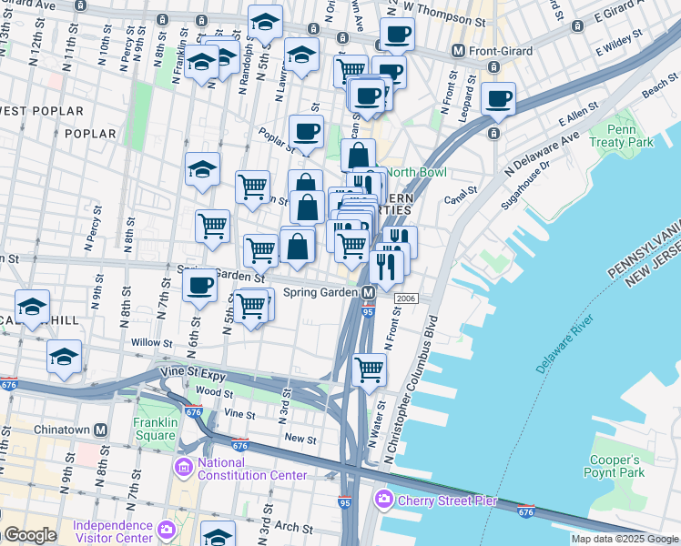 map of restaurants, bars, coffee shops, grocery stores, and more near 625 North 2nd Street in Philadelphia