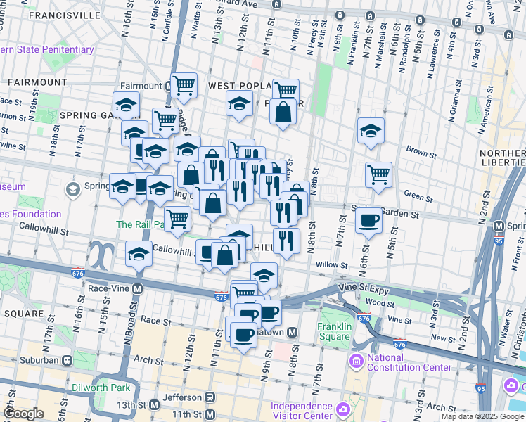 map of restaurants, bars, coffee shops, grocery stores, and more near 1000-02 Spring Garden Street in Philadelphia