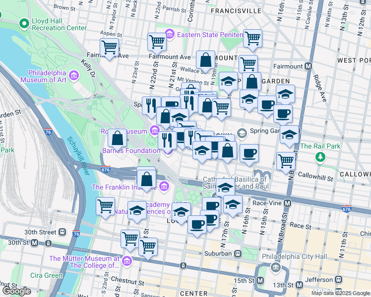 map of restaurants, bars, coffee shops, grocery stores, and more near 411 North 20th Street in Philadelphia