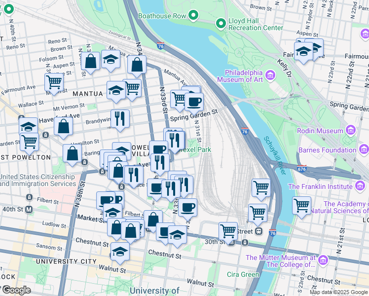 map of restaurants, bars, coffee shops, grocery stores, and more near 3214 Baring Street in Philadelphia