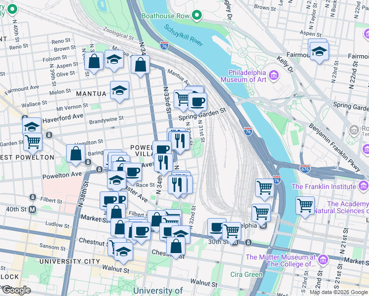 map of restaurants, bars, coffee shops, grocery stores, and more near 3214 Baring Street in Philadelphia