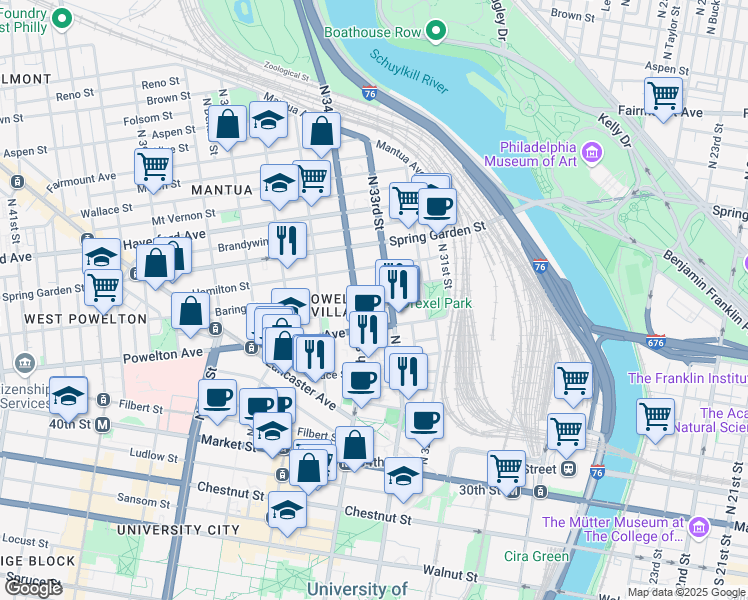 map of restaurants, bars, coffee shops, grocery stores, and more near 3308 Baring Street in Philadelphia