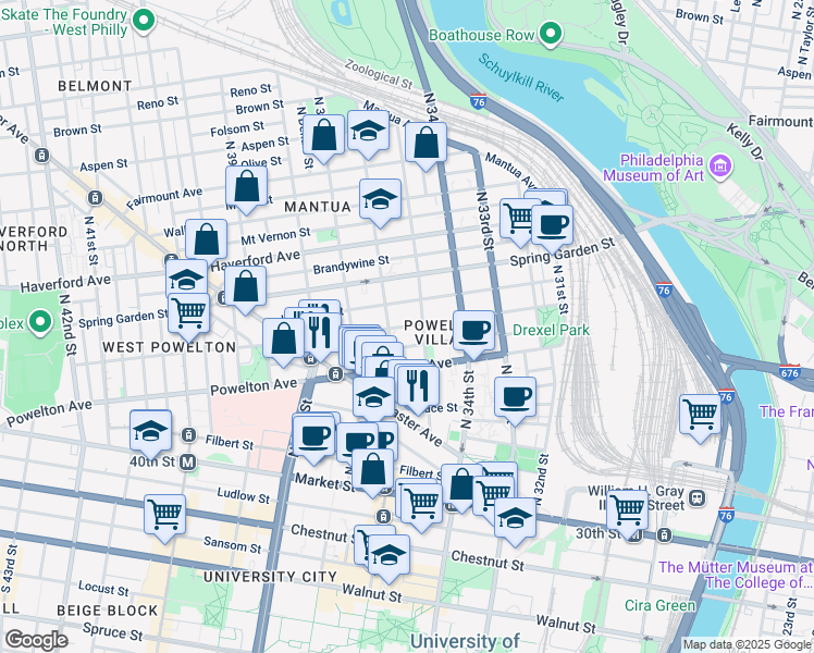 map of restaurants, bars, coffee shops, grocery stores, and more near 3509 Baring Street in Philadelphia