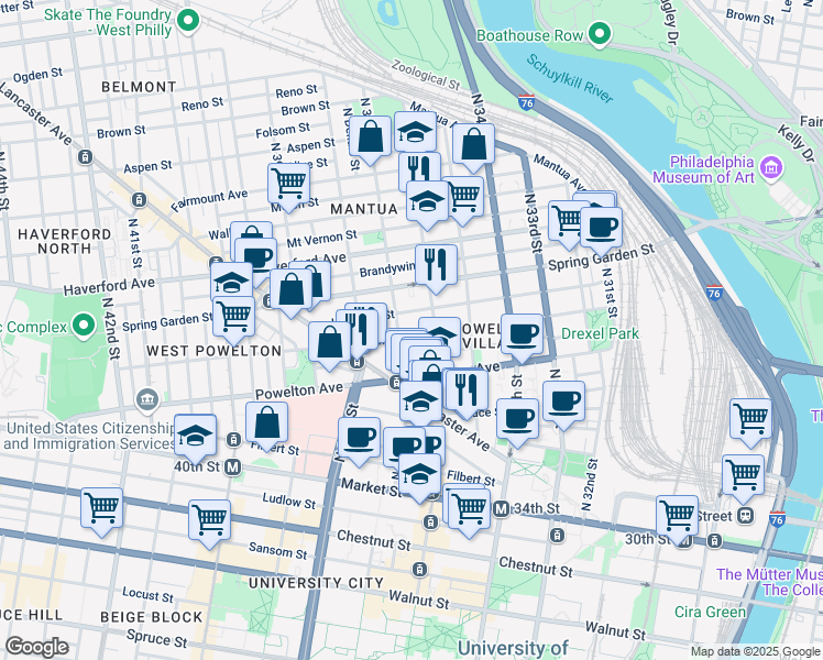 map of restaurants, bars, coffee shops, grocery stores, and more near 3616 Hamilton Street in Philadelphia