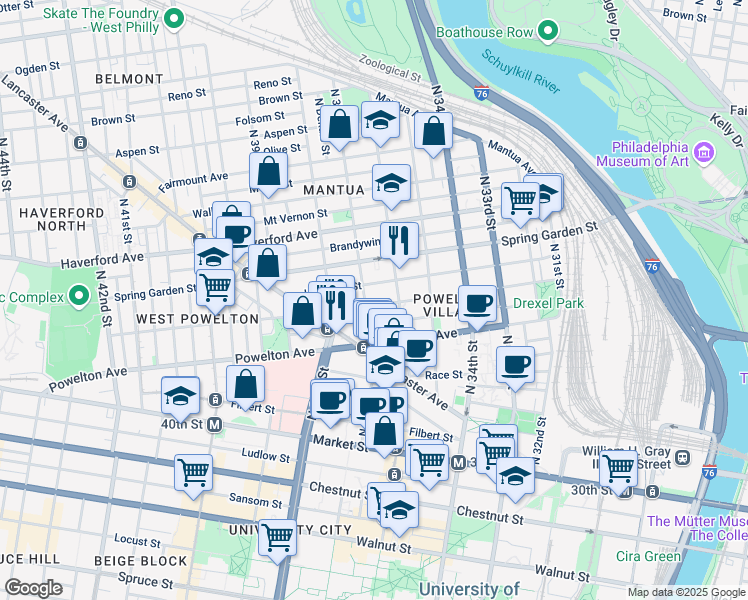 map of restaurants, bars, coffee shops, grocery stores, and more near 3616 Hamilton Street in Philadelphia