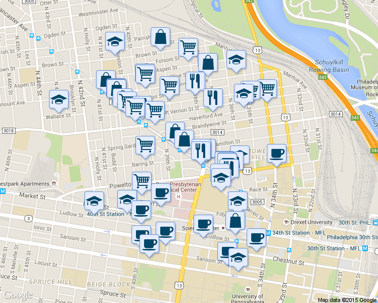 map of restaurants, bars, coffee shops, grocery stores, and more near 3827 Hamilton Street in Philadelphia