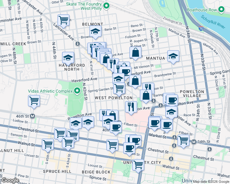 map of restaurants, bars, coffee shops, grocery stores, and more near 428 North 40th Street in Philadelphia