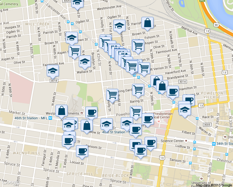 map of restaurants, bars, coffee shops, grocery stores, and more near 4101 Spring Garden Street in Philadelphia