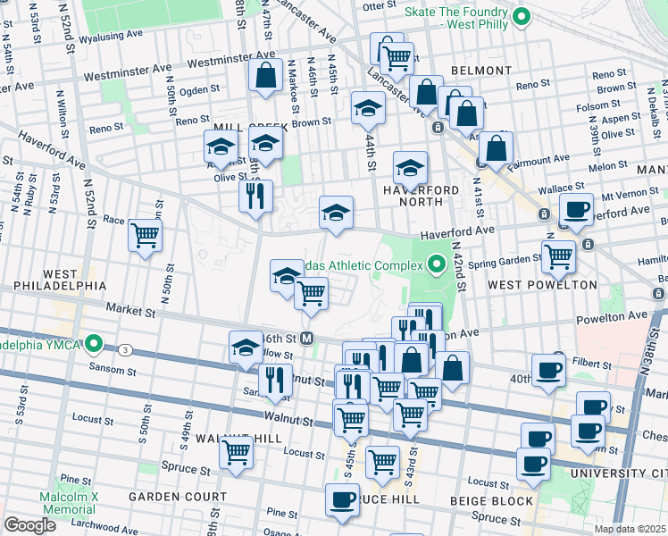 map of restaurants, bars, coffee shops, grocery stores, and more near 91 North 46th Street in Philadelphia