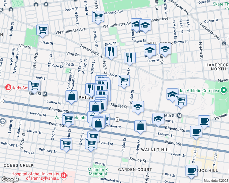 map of restaurants, bars, coffee shops, grocery stores, and more near 5125 Arch Street in Philadelphia