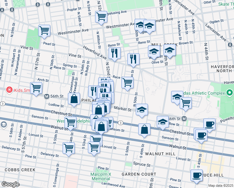 map of restaurants, bars, coffee shops, grocery stores, and more near 5125 Arch Street in Philadelphia