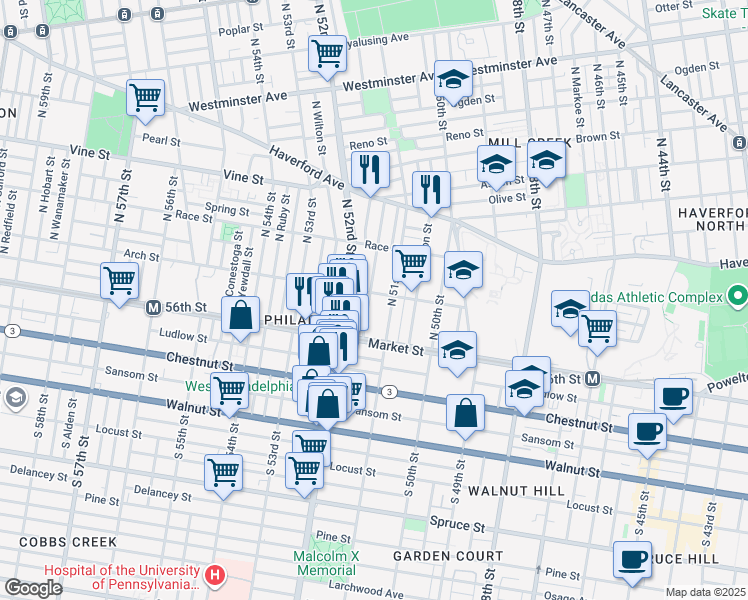 map of restaurants, bars, coffee shops, grocery stores, and more near 5125 Arch Street in Philadelphia