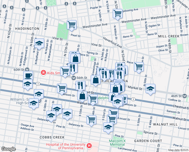 map of restaurants, bars, coffee shops, grocery stores, and more near 59 North Conestoga Street in Philadelphia