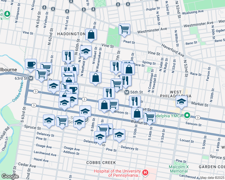 map of restaurants, bars, coffee shops, grocery stores, and more near 5707 Market Street in Philadelphia