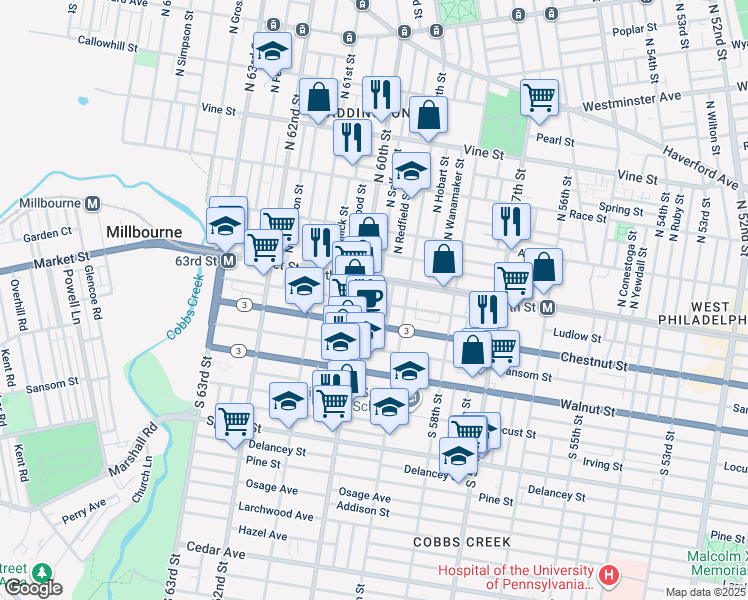 map of restaurants, bars, coffee shops, grocery stores, and more near 9 South Salford Street in Philadelphia