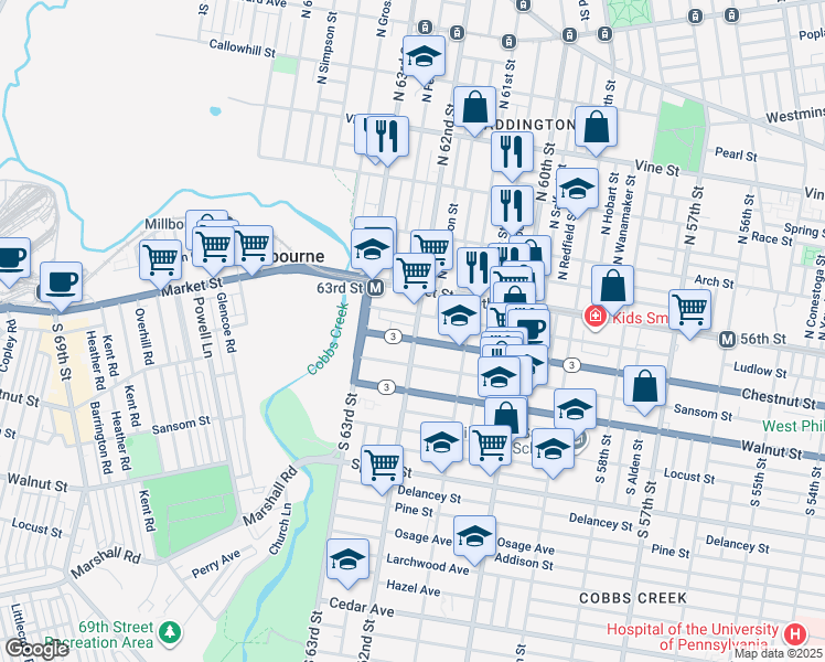 map of restaurants, bars, coffee shops, grocery stores, and more near 6201 Chestnut Street in Philadelphia