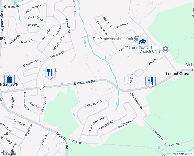 map of restaurants, bars, coffee shops, grocery stores, and more near 3045 East Prospect Road in York
