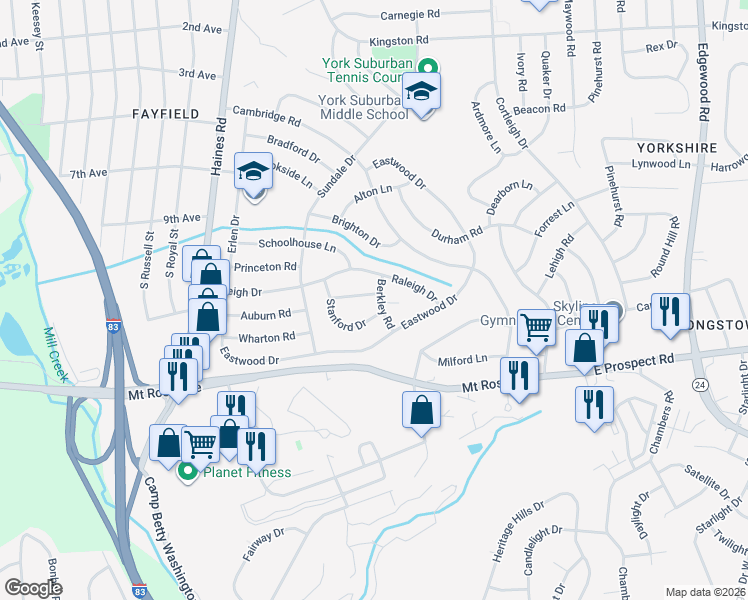 map of restaurants, bars, coffee shops, grocery stores, and more near 2575 Auburn Road in East York