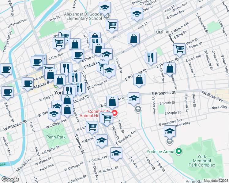 map of restaurants, bars, coffee shops, grocery stores, and more near 332 East Princess Street in York