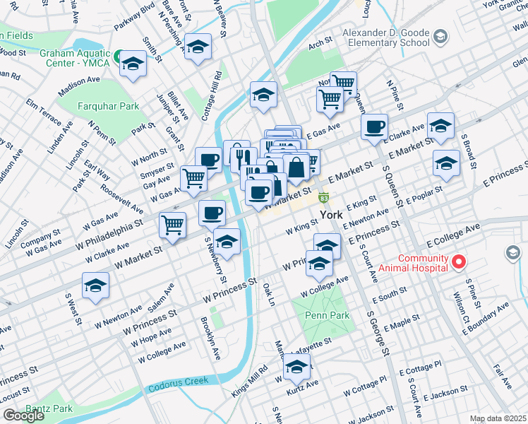 map of restaurants, bars, coffee shops, grocery stores, and more near 150 West Market Street in York