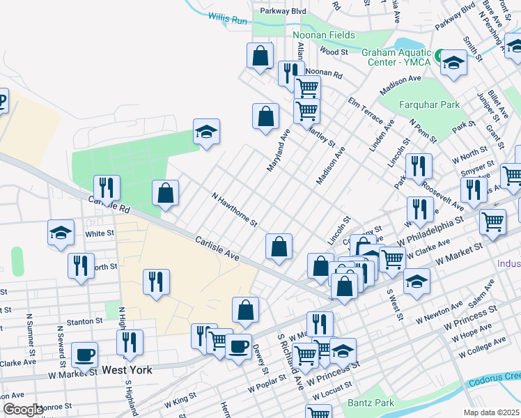 map of restaurants, bars, coffee shops, grocery stores, and more near 701 Pennsylvania Avenue in York