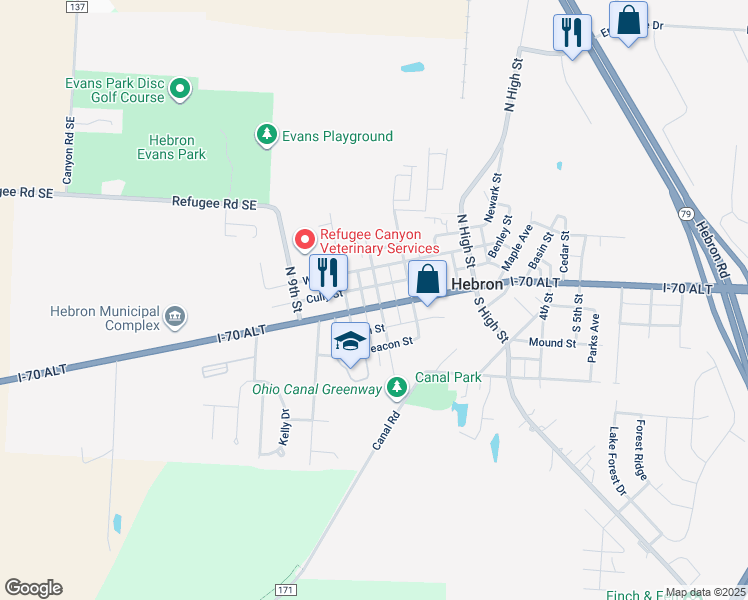 map of restaurants, bars, coffee shops, grocery stores, and more near 612 East Main Street in Hebron