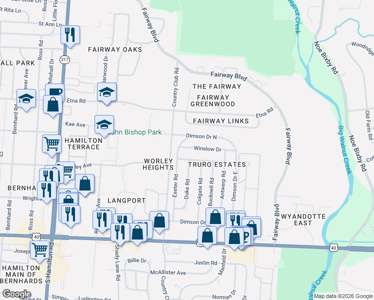 map of restaurants, bars, coffee shops, grocery stores, and more near 797 Exeter Road in Columbus