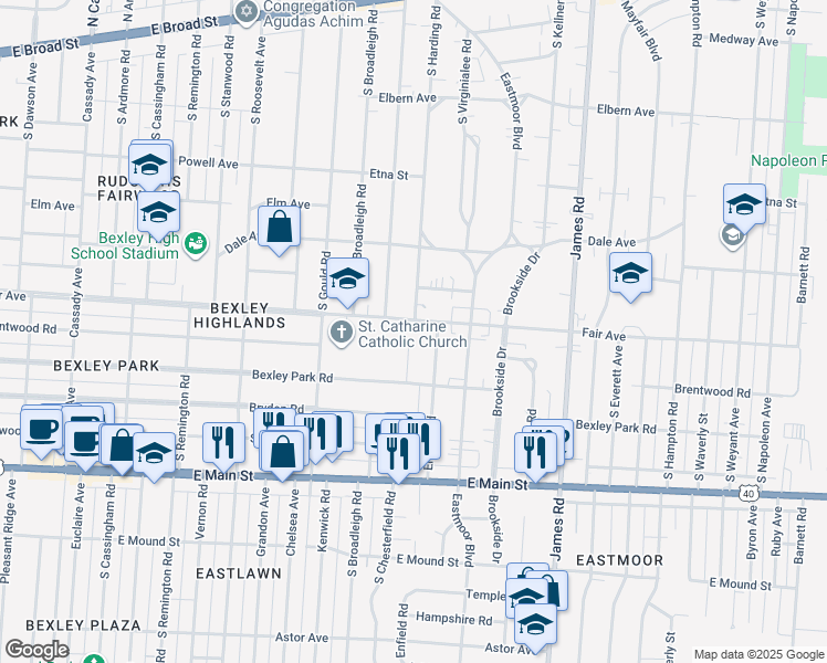 map of restaurants, bars, coffee shops, grocery stores, and more near 471 Enfield Road in Columbus
