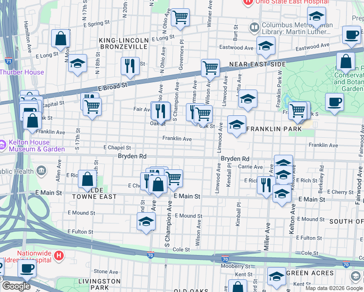 map of restaurants, bars, coffee shops, grocery stores, and more near 1199 Franklin Avenue in Columbus