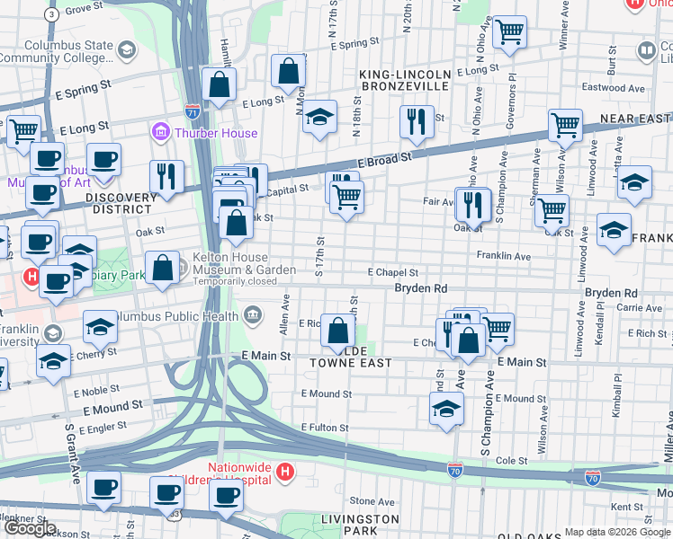 map of restaurants, bars, coffee shops, grocery stores, and more near 165 South 18th Street in Columbus