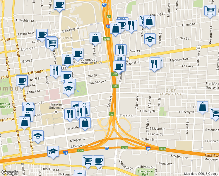 map of restaurants, bars, coffee shops, grocery stores, and more near 630 East Town Street in Columbus